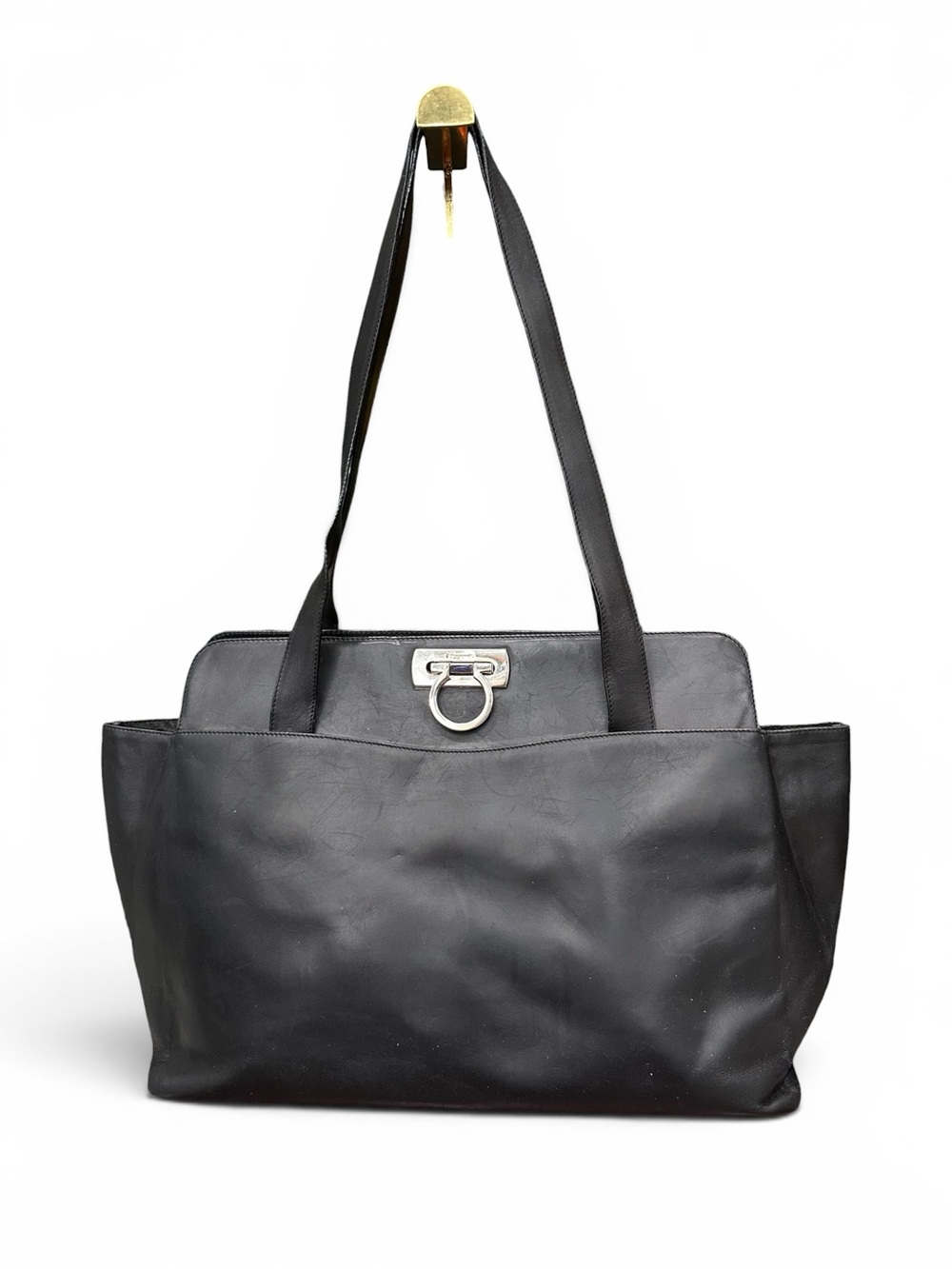 Salvatore Ferragamo Black Leather Gancini Large Tote Shoulder Bag made in Italy